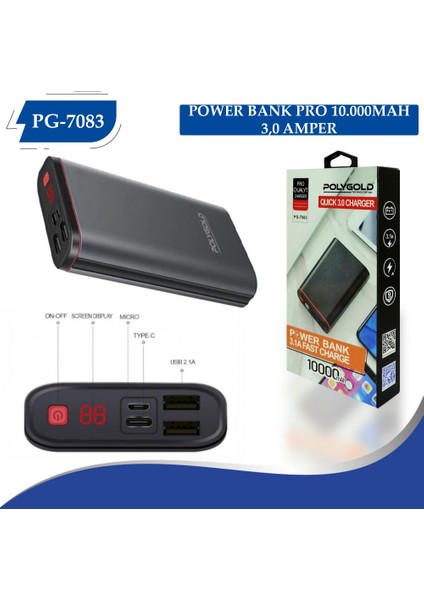 PG7083 10.000mAh 3.0A Hızlı Şarj Göstergeli Powerbank