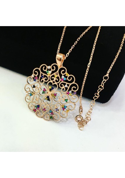 Gümüş Rose Bronz Renk Renkli Yaşam Çiçeği Kolyesi