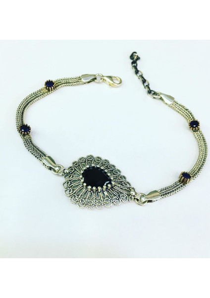 Gümüş Telkari Siyah Zirkon Taşlı Damla Bileklik