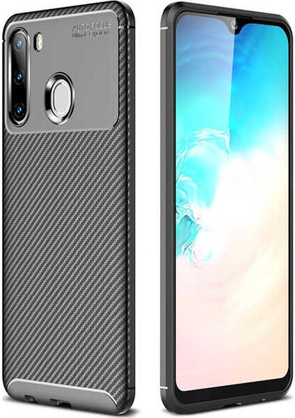 Samsung Galaxy M11 Kılıf Karbon Desenli Lux Negro Silikon + Cam Ekran Koruyucu Siyah