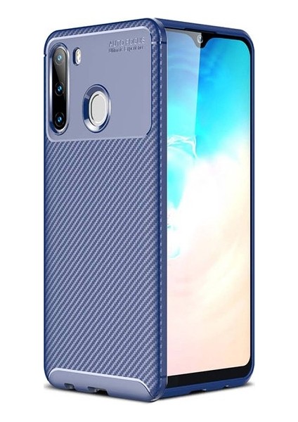 Samsung Galaxy M11 Kılıf Karbon Desenli Lux Negro Silikon + Tam Kaplayan 5D Cam Ekran Koruyucu Lacivert