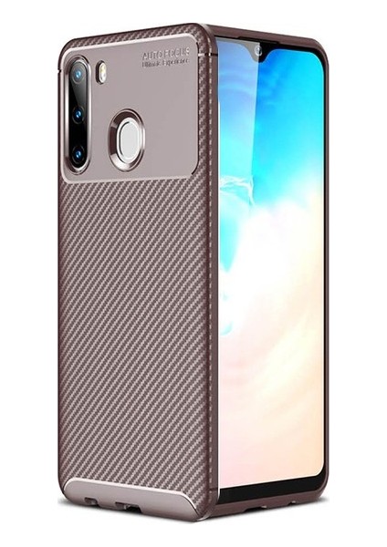 Samsung Galaxy M11 Kılıf Karbon Desenli Lux Negro Silikon + Tam Kaplayan 6D Nano Ekran Koruyucu Kahverengi