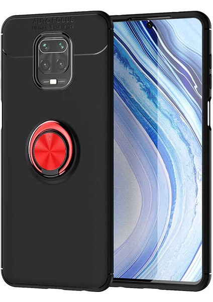 Xiaomi Redmi Note 9s Kılıf Ultra Korumalı Yüzüklü Manyetik Ravel Silikon + Cam Ekran Koruyucu Siyah - Kırmızı