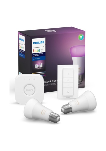 Hue Renkli Akıllı Başlangıç Seti 2'li Kumandalı E27 Bluetooth Özellikli
