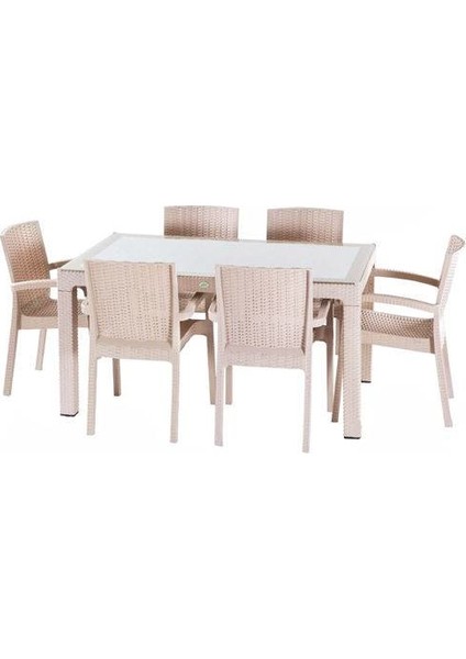 Rattan 80x140cm 6lı Camlı Bahçe Mutfak Masa Takımı Cappucino