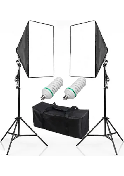 50 x 70 cm Softbox 2'li Sürekli Işık Seti Strobist Set Taşıma Çantalı 2'li Ampul