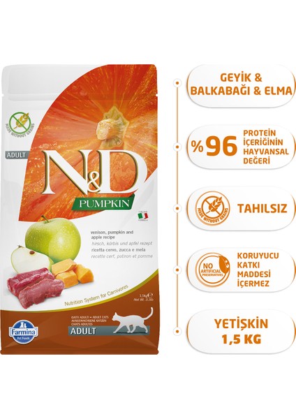 Pumpkin 1;5 kg Tahılsız Geyik Etli Bal Kabaklı ve Elmalı Yetişkin Kedi Maması