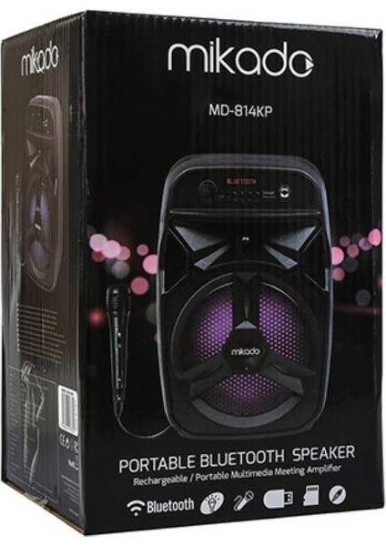 MD-814KP 15W 3.7V 1200 mAh Siyah Kablolu Mikrofon AUX /USB/TF/Bluetooth LED Işıklı Speaker