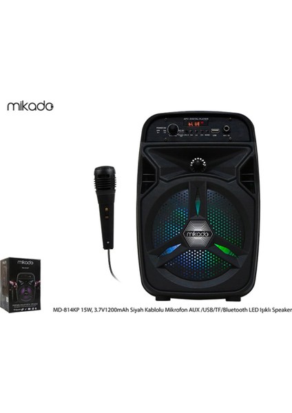 MD-814KP 15W 3.7V 1200 mAh Siyah Kablolu Mikrofon AUX /USB/TF/Bluetooth LED Işıklı Speaker