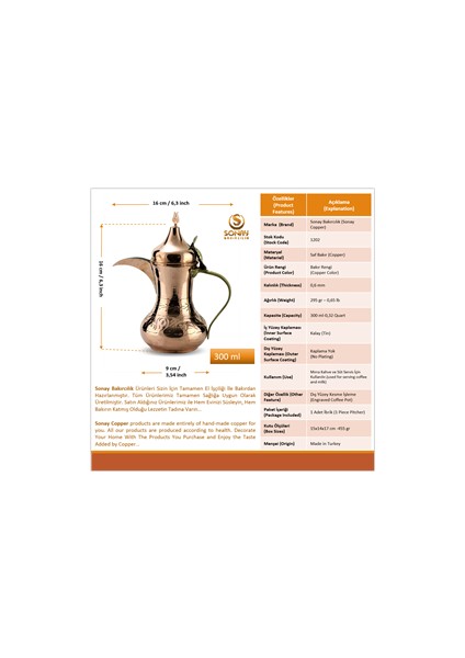 Mırra Küçük Boy Bakır Arap Çaydanlık Sütlük 300 ml