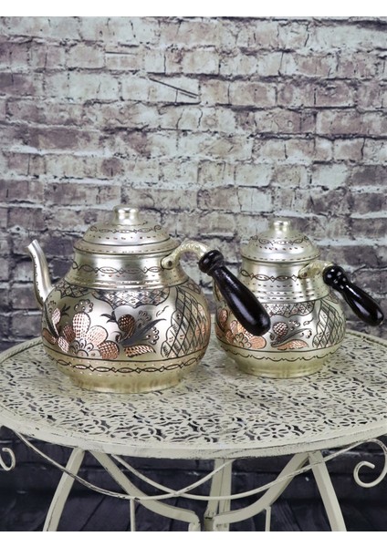 Gümüşlü Gül Çiçek Bakır Çaydanlık