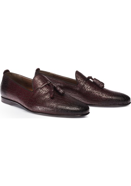 Deri Kroko Bordo Erkek Loafer