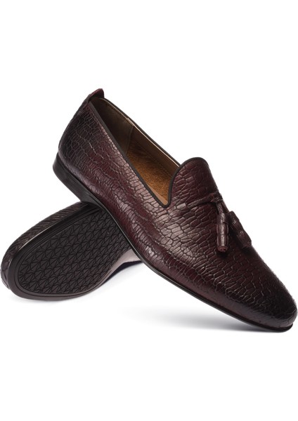 Deri Kroko Bordo Erkek Loafer