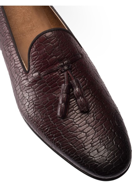 Deri Kroko Bordo Erkek Loafer