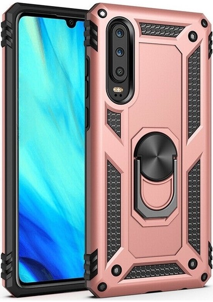 Huawei P Smart Pro 2019 Kılıf Tank Koruma Vega Standlı Yüzüklü Mıknatıslı Bronz