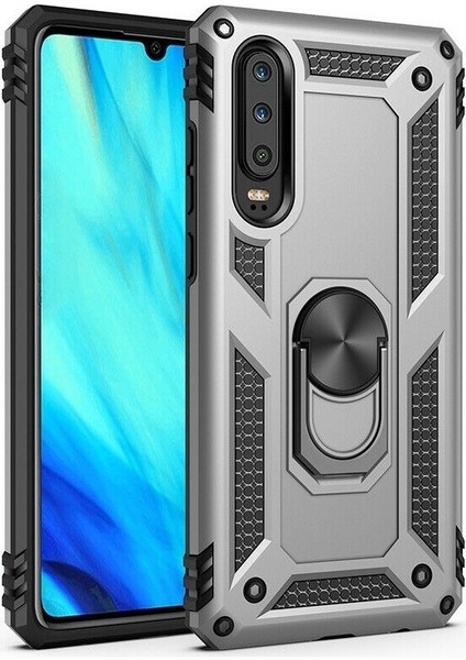 Huawei P Smart Pro 2019 Kılıf Tank Koruma Vega Standlı Yüzüklü Mıknatıslı Gümüş