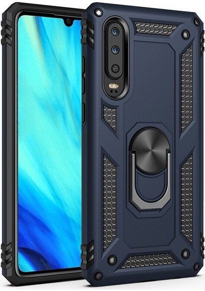 Huawei P Smart Pro 2019 Kılıf Tank Koruma Vega Standlı Yüzüklü Mıknatıslı Lacivert