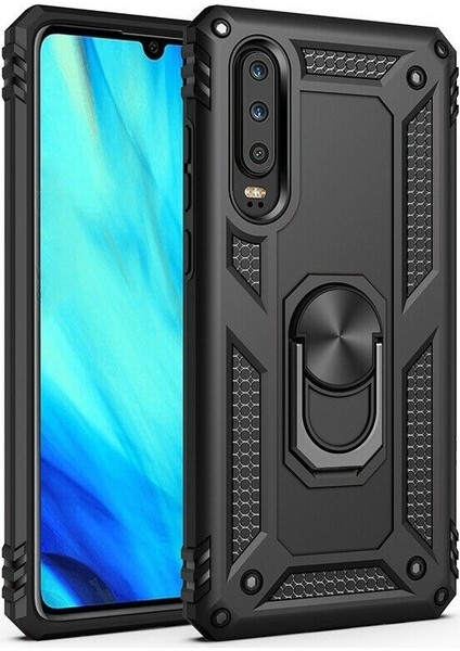 Huawei P Smart Pro 2019 Kılıf Tank Koruma Vega Standlı Yüzüklü Mıknatıslı Siyah