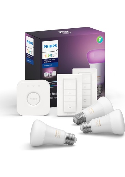Hue Renkli Akıllı Başlangıç Seti 3'lü Kumandalı E27 Bluetooth