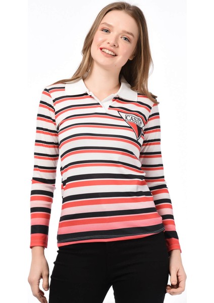 8515150 Digital Baskılı Polo Yaka Uzun Kol Bluz