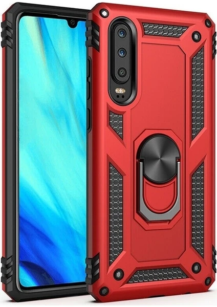 Case Street Huawei P Smart Pro 2019 Kılıf Tank Koruma Vega Standlı Yüzüklü Mıknatıslı Kırmızı