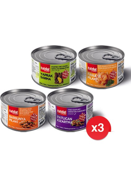 Konserve'm Paket - Fasulye Pilaki, Barbunya Pilaki, Yaprak Sarma, Patlıcan Kızartma (400g x3)