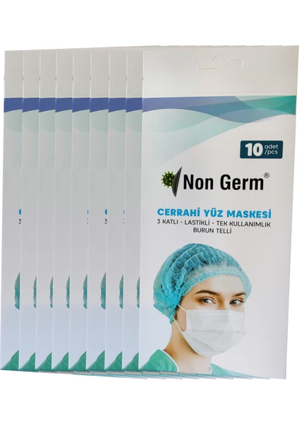 Non Germ Tek Kullanımlık 3 Katlı Telli Cerrahi Maske 10'lu X 10 Kutu 100 Adet