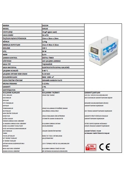 DOZON EV VE İŞYERLERİ İÇİN 5G/H TAŞINABİLİR OZON JENERATÖRÜ