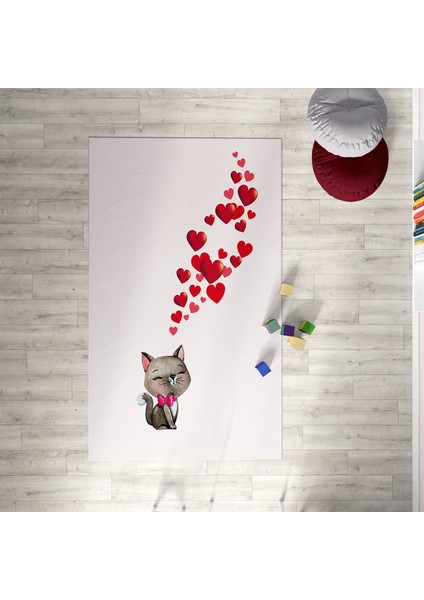 Kalp ve Kedi Desen Çocuk ve Bebek Odası Halısı MKTH-158
