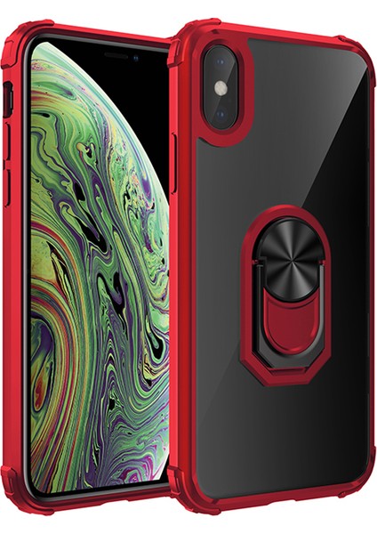 Apple iPhone Xs Mars Serisi Yüzüklü Arkası Şeffaf Kenarları Güçlendirilmiş Renkli Silikon Kılıf - Kırmızı