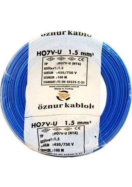 1,5 Mm2 Nya Kablo Tek Damar Mavi Kablo 100M