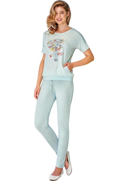 Dar Paçalı Kısa Kollu Cepli Desenli Pudra Pijama Takımı 268 | Yeşil