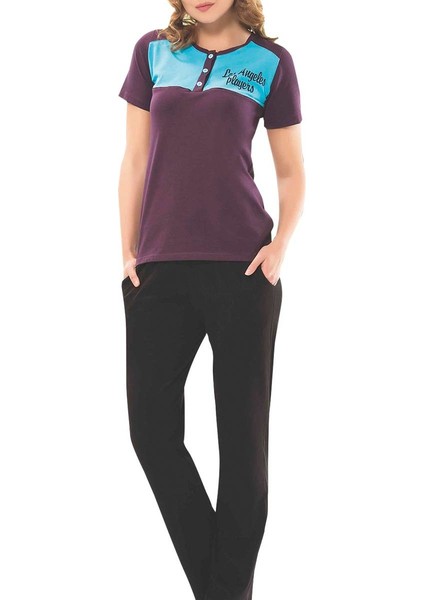 Kısa Kollu Yakası Düğmeli Cepli Pijama Takımı 9153 | Mürdüm