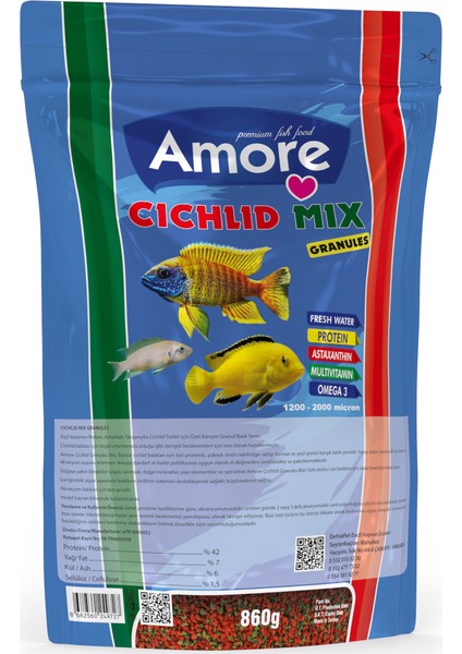 Cichlid Mix Granules Malawi Amerikan Tanganyika Ciklet Protein 860G Spirulina Balık Yemi