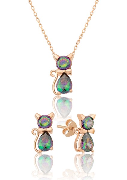Mistik Topaz Taşlı Gümüş Kedi Küpe Kolye Set
