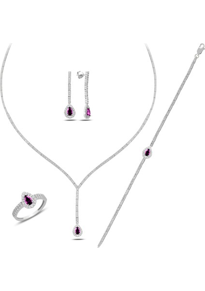 925 Ayar Gümüş Damla Pırlanta Montür Su Yolu Bayan Düğün Seti Kolye,bileklik,küpe,yüzük