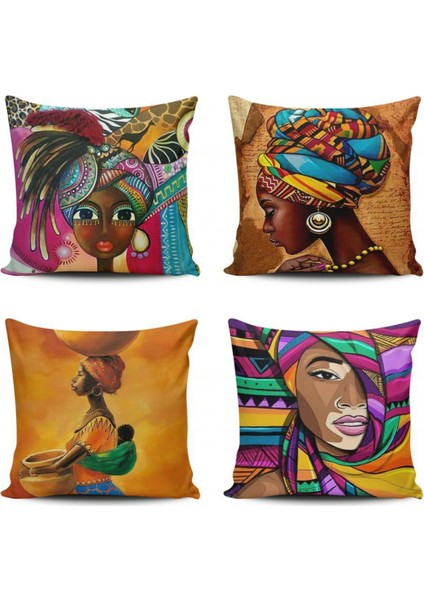 4'lü Afrikalı Kızlar Kombin Dijital Baskılı Kırlent Kılıfı
