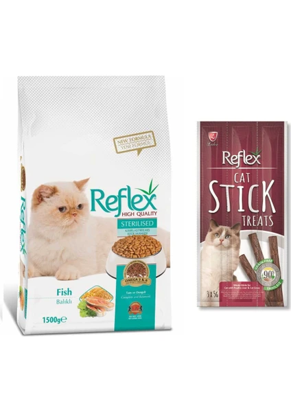 Sterilised Somon Balıklı Kısır Kedi Maması 1.5 kg + Reflex Ciğerli Stick