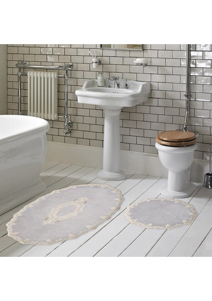 Alanur Zümra Lüx Pamuklu Aplikli Oval Banyo Takımı 2'li Set Gri