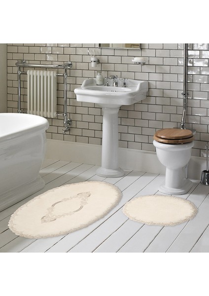 Alanur Zümra Lüx Pamuklu Aplikli Oval Banyo Takımı 2'li Set Krem