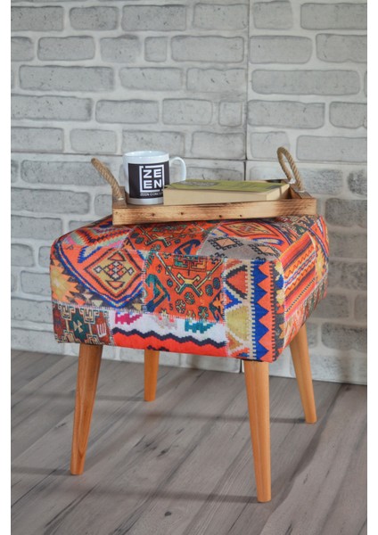 Praga Kare Puf Turuncu Kilim Desenli