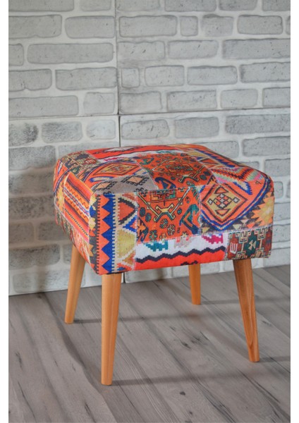Praga Kare Puf Turuncu Kilim Desenli