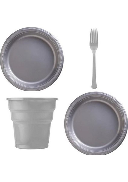 Gümüş 25 Kişilik Plastik Bardak Çatal Tabak