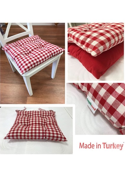 Tropik Home Ekose Desen Kırmızı Renk Pufidik Silikon Dolgulu Çökme Yapmaz 40 x 40 cm Kare Sandalye Minderi