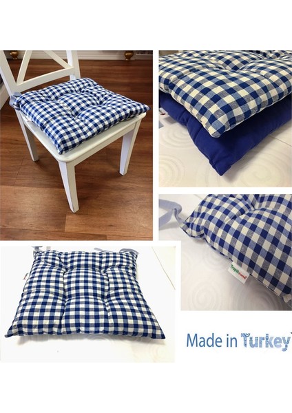 Tropik Home Ekose Desen Mavi Renk Pufidik Silikon Dolgulu Çökme Yapmaz 40 x 40 cm Kare Sandalye Minderi