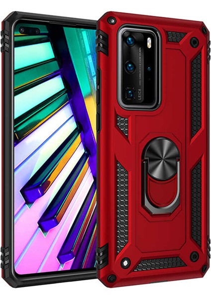 Huawei P40 Pro Kılıf Shockproof Standlı Yüzük Tutuculu Mega Case Vega Kırmızı