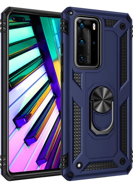 Huawei P40 Pro Kılıf Shockproof Standlı Yüzük Tutuculu Mega Case Vega Lacivert
