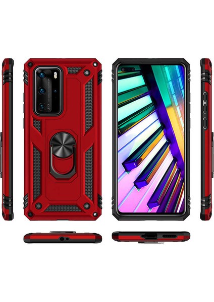 Huawei P40 Pro Kılıf Shockproof Standlı Yüzük Tutuculu Mega Case Vega + Pet Ekran Koruyucu Siyah modelleri