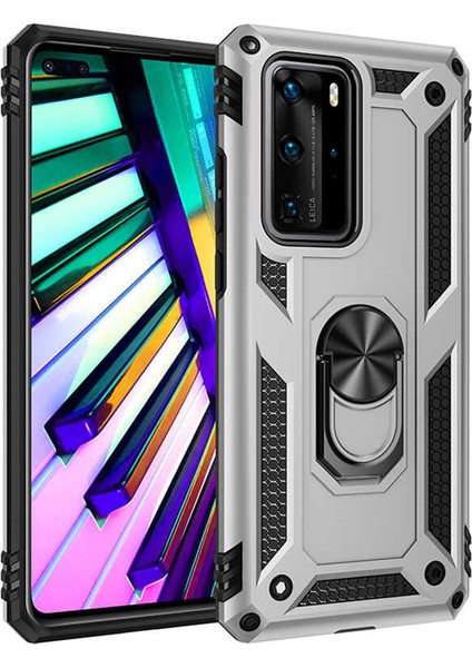 Huawei P40 Pro Kılıf Shockproof Standlı Yüzük Tutuculu Mega Case Vega Gümüş Gümüş