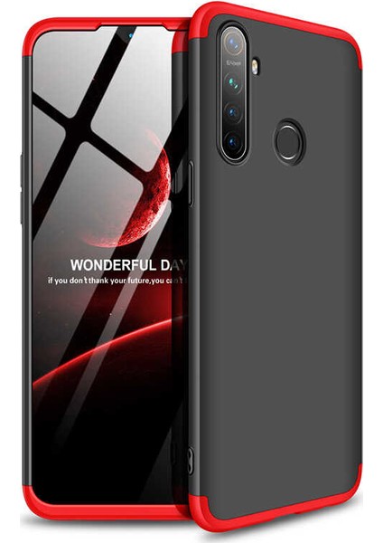 Realme 5 Kılıf 3 Parça 360 Soft Hard Koruma Siyah - Kırmızı